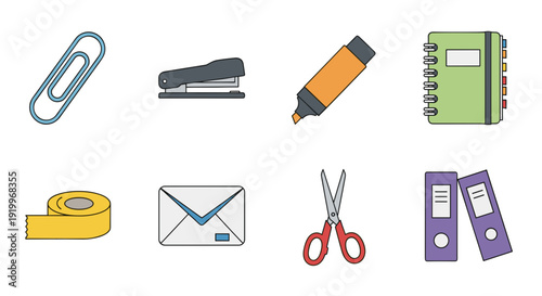 Collection of eight colorful flat design office and school supply icons including a paperclip stapler marker notebook tape dispenser envelope scissors and binders isolated