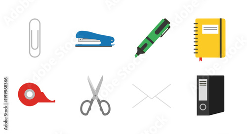 Collection of eight distinct flat design office supply icons including a paperclip stapler highlighter pen notebook tape dispenser scissors envelope and binder presented