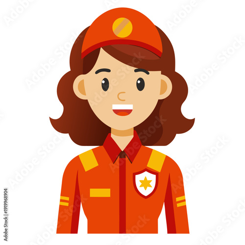 Cartoon illustration of a smiling female firefighter in red uniform with cap and badge on a white background