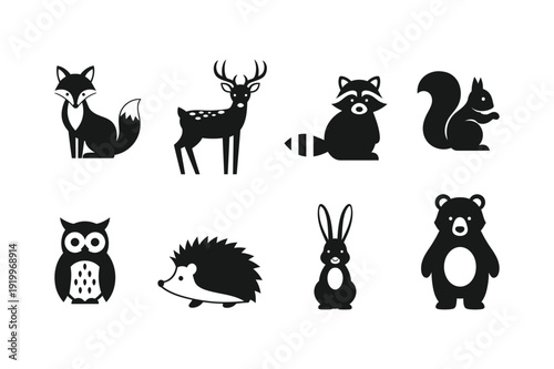 Silhouette of various forest animals in black on a white background 