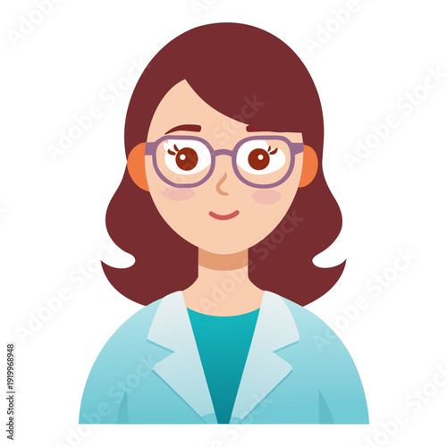 Cartoon female scientist with glasses and brown hair in blue lab coat: cute science character illustration