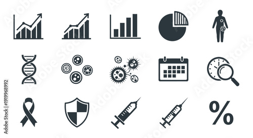 Collection of simple black icons representing data analysis and medical concepts.