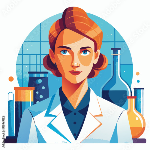 Illustrated female scientist in laboratory setting with chemical flasks and test tubes for research and experimentation