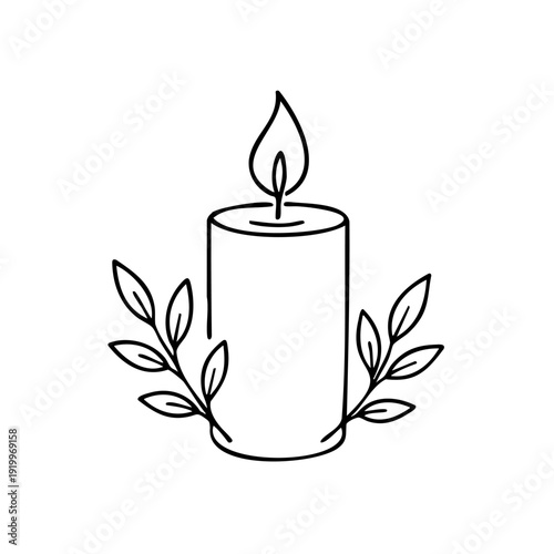 Candle with a leafy branch around it. The candle is lit and the flame is yellow
