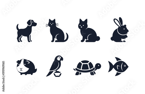 Silhouette of various cute animals in black on a white background 