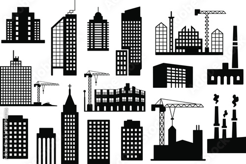 City skyline silhouette with construction cranes vector illustration, flat vector design