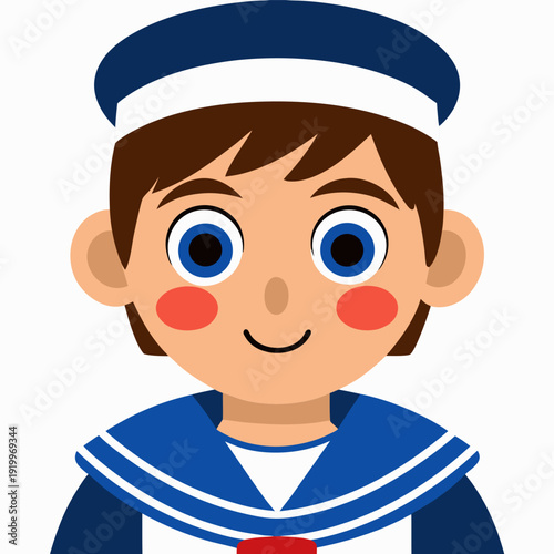 Cartoon sailor kid in navy outfit with blue eyes and red cheeks smiling front view