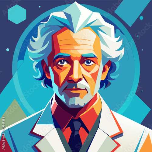 Abstract portrait of a mature scientist with gray hair and glasses in geometric style against a blue cosmic background