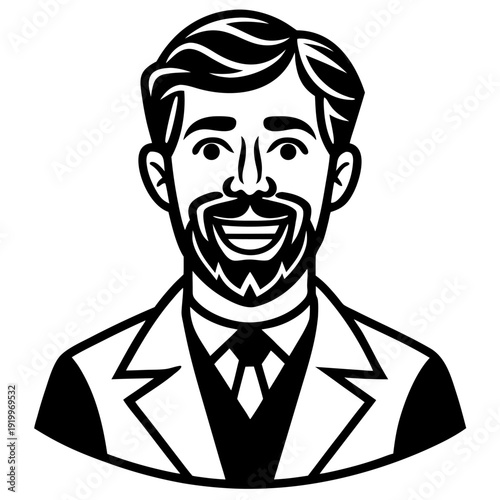 Monochrome smiling bearded man with suit and tie in vector style illustration featuring hair details and bold lines
