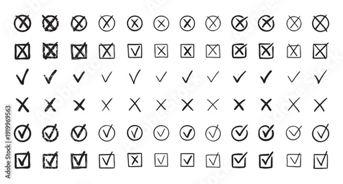 Check marks hand drawn doodle set. tick, cross signs for checkbox, checklist, v and x in sketch set.