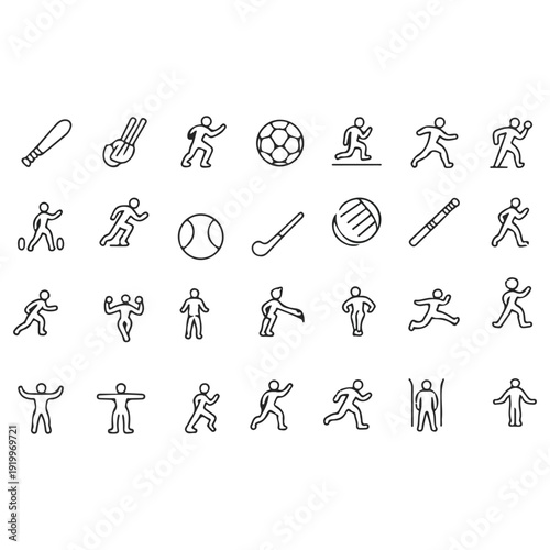 A collection of black and white line depicting various sports and athletic activities and equipment, featuring simple and minimalist of stick figures and sports gear