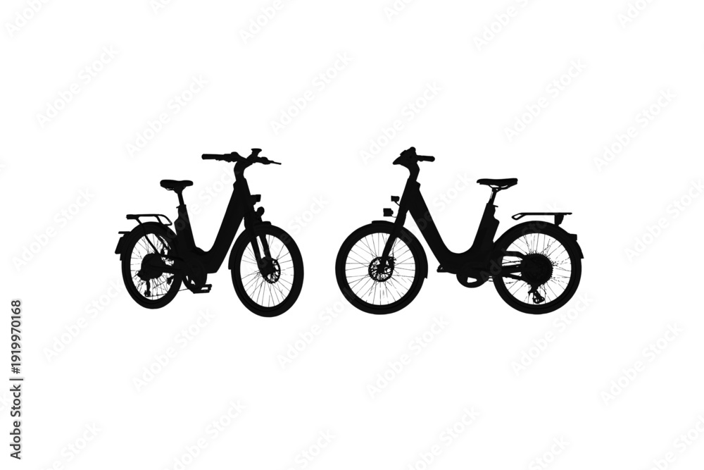 Obraz premium Two modern electric cargo bicycles parked side by side for urban transport and delivery