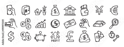 Money, finance and currency doodle set. doodle hand drawn icon set. Outline drawing dollar Banknotes, coins, money bag line clipart symbol collection