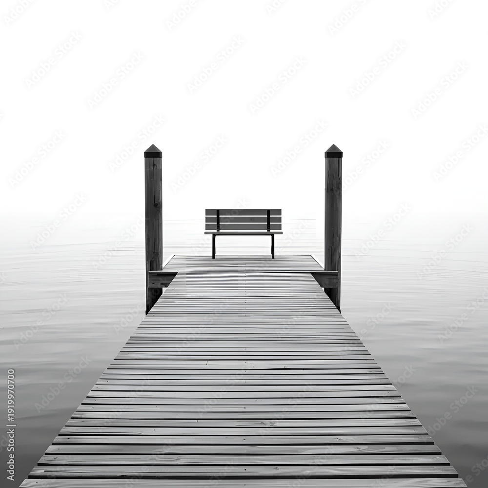 Obraz premium Black and white wooden pier with empty bench over calm water minimalist mood
