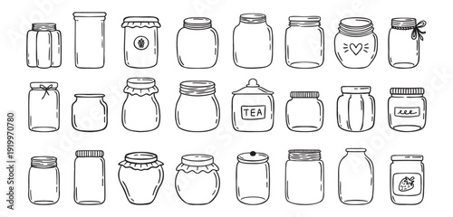 Jars hand drawn doodle isolated on white background. Jar empty, template outline drawing elements collection.