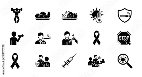 Collection of black icons representing health awareness and medical themes.
