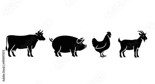 Farm Animals Silhouette Cow Pig Chicken Goat.