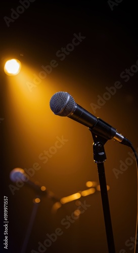 Stage microphones stand ready under warm spotlights, waiting for vocalists to provide harmonious performance support, sound, acoustic, preparation