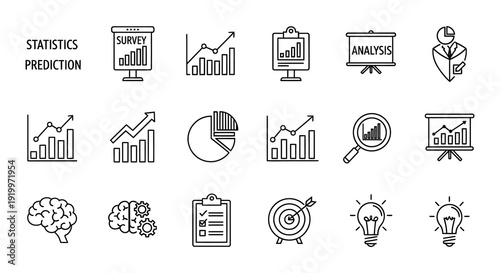 Collection of black and white data analysis and business icons