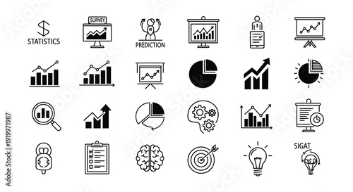 Collection of black and white data analysis and business icons