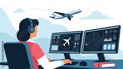Female air traffic controller wearing a headset monitors radar screens while an airplane flies through the clouds in the background.