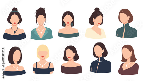 Collection of ten diverse female portraits featuring different skin tones, hair styles, elegant jewelry, and stylish necklines.