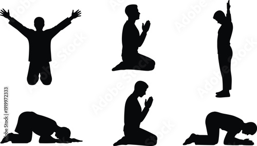 Praying man silhouette set with kneeling, standing and raised hands worship poses isolated on white background for religious concept
