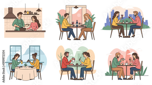 Set of illustrations depicting various couples cooking at home, eating in restaurants, and having dates in city locations.