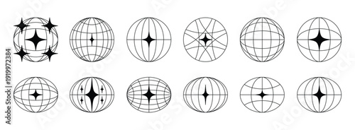 World globe retro grids in oval and round form with stars icons set. earth latitude and longitude line grid. futuristic design elements.