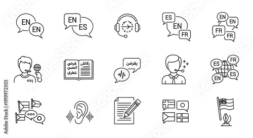 Collection of linear icons representing business health and technology