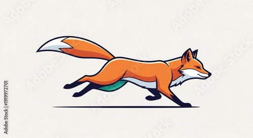 Vibrant orange cartoon fox running swiftly on white background with green underbelly and black paws