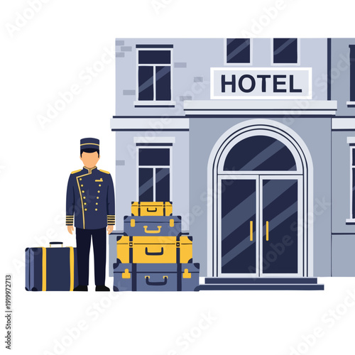 Hotel Staff with Luggage Outside Building