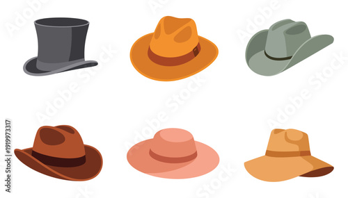 Collection of six assorted hats illustrating various headwear styles such as caps, wide-brimmed hats, beanies