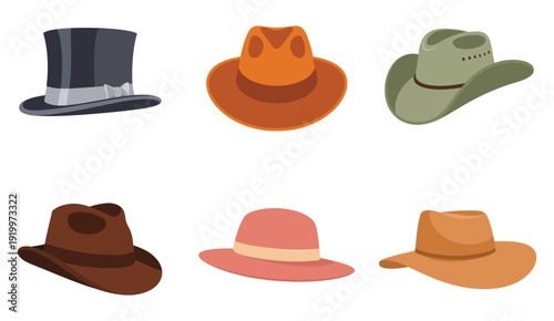 Collection of six assorted hats featuring fashion headwear including caps, fedoras, beanies, sun hats, and stylish accessories in modern flat vector illustration