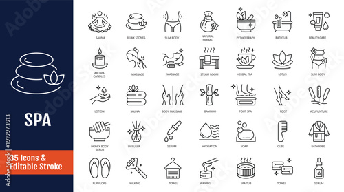 Spa icon set. Outline icon with Editable stroke. Vector illustration