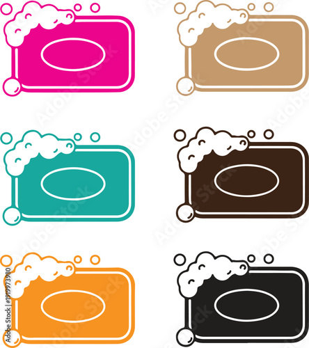 Collection of six colorful soap icons with bubbles and lather on transparent background, simple flat design vector illustration