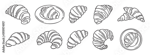 croissant doodle hand drawn icon set. Outline drawing croissant french breakfast line clipart symbol collection