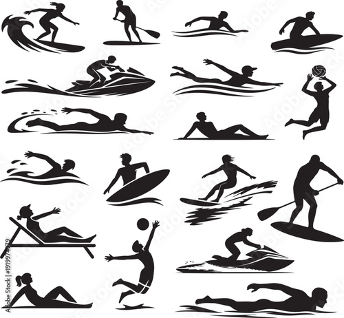 Collection of water sports silhouettes vector illustration