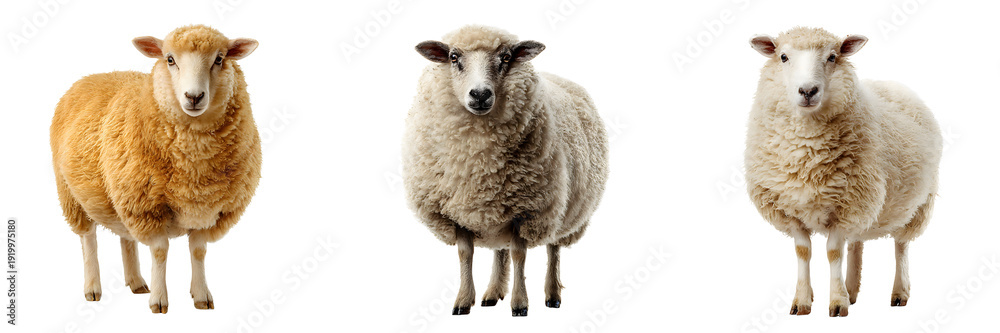 Obraz premium Collection of sheep standing looking forward different wool colors isolated on a white or transparent background