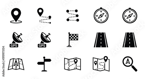 Collection of black and white navigation and location icons displayed together