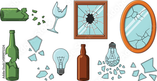 Broken glass vector set featuring shattered mirror, cracked window frame, smashed light bulb, destroyed wine glass, and damaged green and brown bottles.
