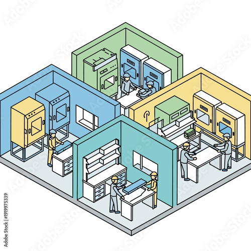 Isometric illustration of a laboratory with various rooms and scientists working.