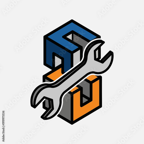 3D rendered logo with wrenches and industrial design elements.