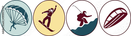 Professional silhouette set illustrating high adrenaline outdoor activities such as parachute gliding and winter slope snowboarding.