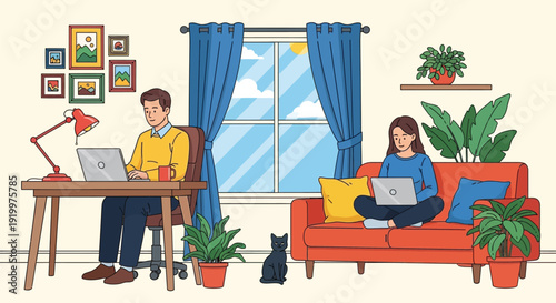 Man at a desk and a woman on a sofa work on laptops in a cozy room. Bright window, blue curtains, plants, and a cat create a calm atmosphere.