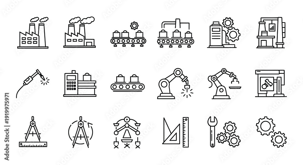 Εκτύπωση καμβά Industrial icons depict factories automation and various manufacturing processes