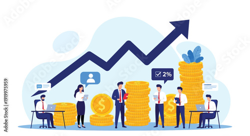 Illustration of business people and stacked coins with an upward arrow, symbolizing financial growth. Includes speech bubbles and percentage signs.
