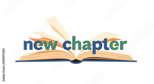 An illustrative graphic of an open book with pages fanned out, prominently displaying the words 'new chapter' in colorful text, symbolizing fresh