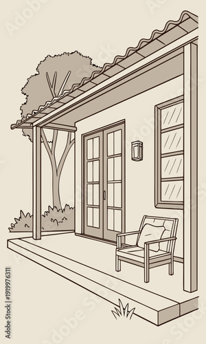 Cozy Porch Illustration with Chair and French Doors.