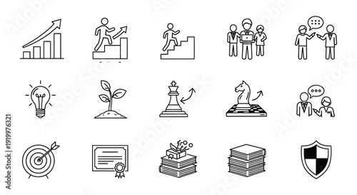 Business growth and strategy icons depicting success and leadership